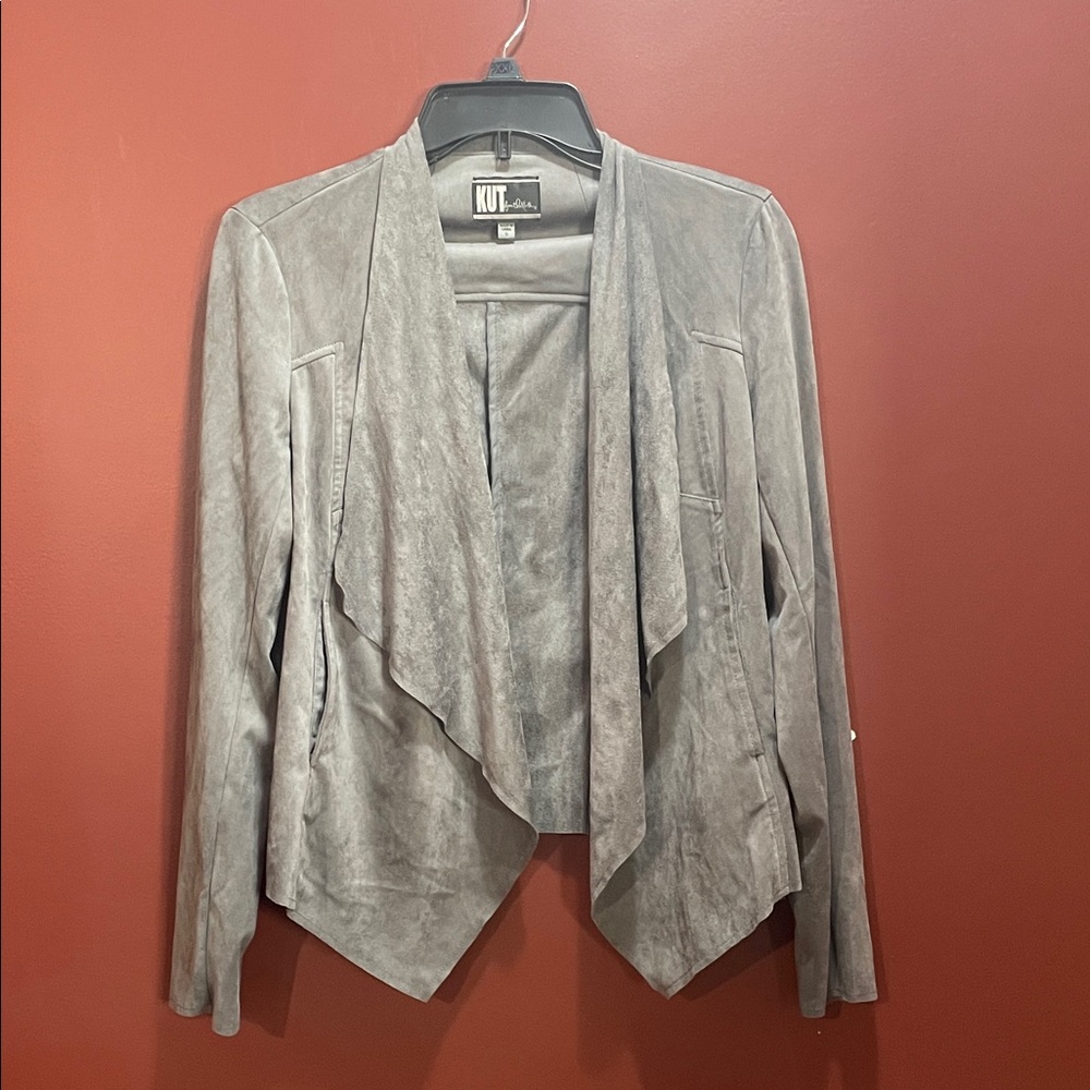 Kut from the Kloth Gray Draped Suede-Effect Open Front Jacket